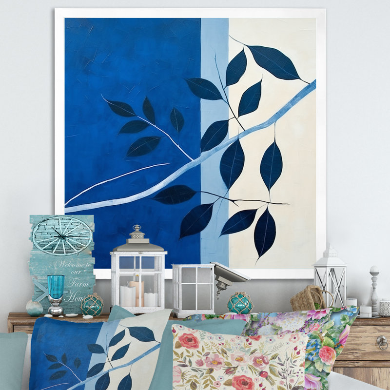 Silhouette de feuilles bleues saphir II, H 36 po x l 36 po x P 1,5 po, Cadre simple blanc