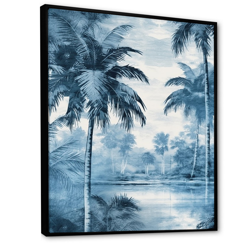 Palmiers bleus rétro, impression sur toile, palmiers, ombres, Cadre flottant noir, H 32 po x l 24 po x P 1 po