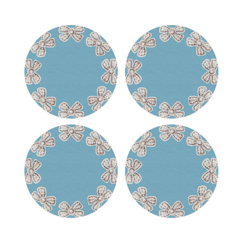 Pearl Bow Vegan Leather Round Pebble Placemat, Blue