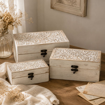 Wooden Keepsake Box Set, Tree of Life Carved Decorative Storage Boxes with Lids for Jewelry and Keepsakes (Set of 3)
