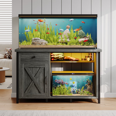 Helge 55 Gallon Fish Tank Stand with LED Light & Power Outlets, 55-75 Gallon Aquarium Stand with Drawer & Barn Door
