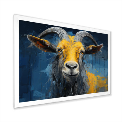 Chèvre jaune et bleu, prairie, portrait II - art mural de chèvre
