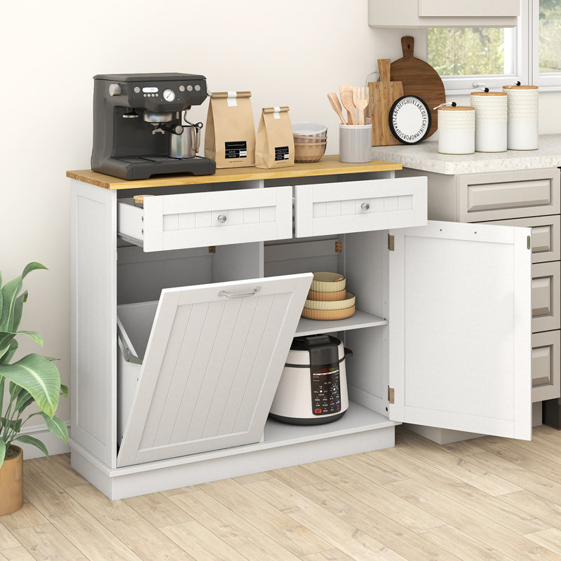 Porte-poubelle inclinable en bois avec tiroir et rangement Algg, Blanc