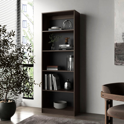 Stained Walnut 5 - Shelf Bookcase With Open Storage And 4 Tier For Organizing Essentials In Primary Living Space, Wood Frame, Closed Back Shelves, Ample Vertical Horizontal Back, Ideal Particle Board