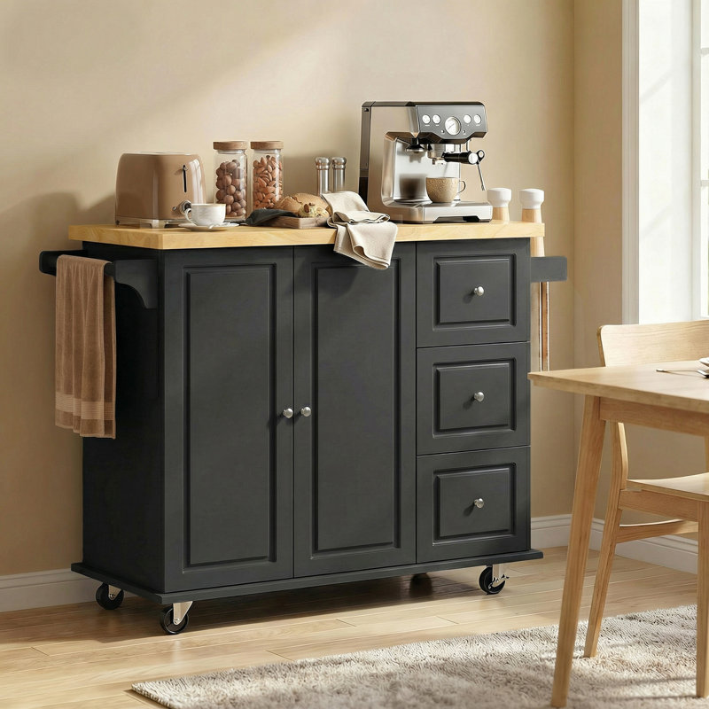 Solid Wood Top Kitchen Island, Black