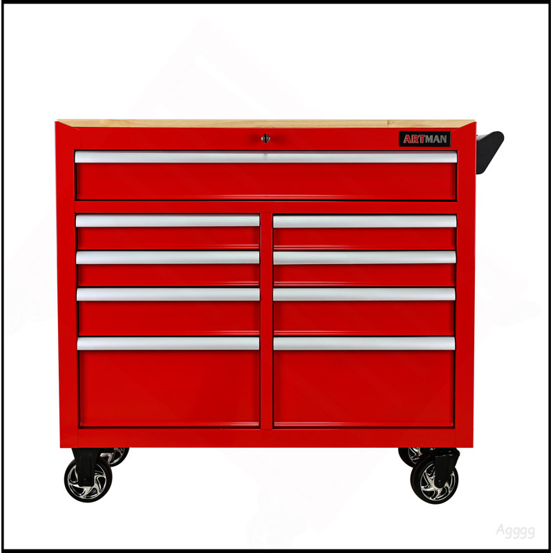 Chariot à outils multifonctionnel à 9 tiroirs avec roulettes et plateau en bois, Red