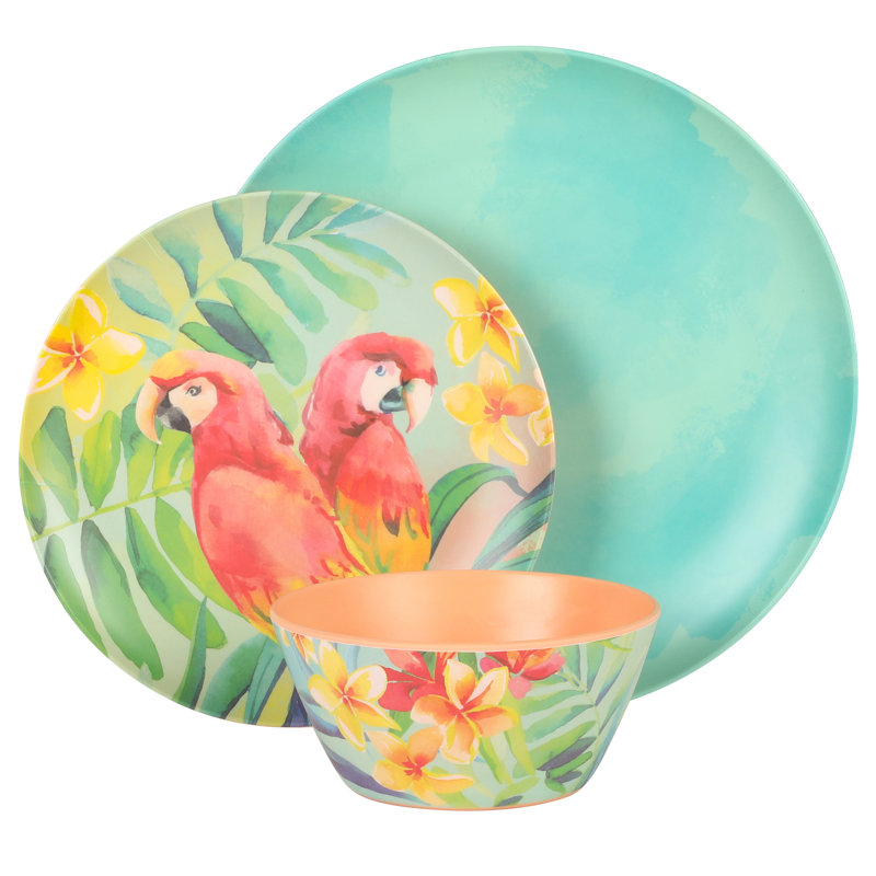 Laurie Gates Tropical Parrots 12 Piece Colorful Melamine Dinnerware Set