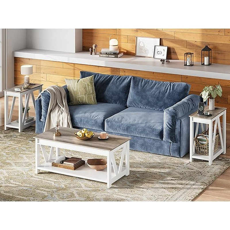 Ensemble de 2 tables de bout fermières avec station de charge, tables d'appoint minces avec tablettes de rangement ouvertes pour le salon, la chambre à coucher et les petits espaces, Greige