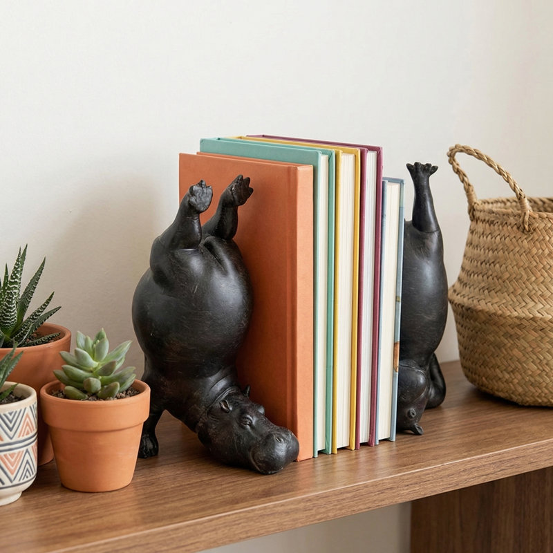 Serre-livres hippopotame en résine fabriqués à la main en résine, ensemble de 2 - Décoration fonctionnelle unique et cadeau parfait pour les amateurs de livres et les amateurs de yoga