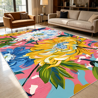 1PC Vibrant Painted Bohemian Chrysanthemum Floral area rugs for Living Room, Soft and Comfortable, Suitable for all seasons, easy-to-maintain, machine washable, suitable for dining room, bedroom, entryway, patio, Home Decor, Outdoor Decor.