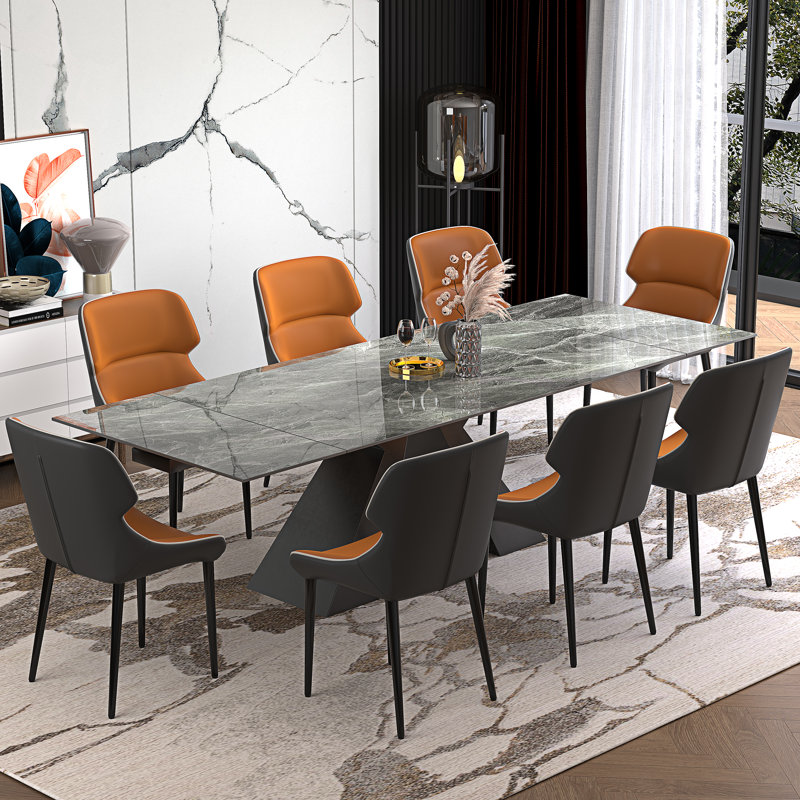  Modern Dining Table Set With 78.7''-110'' Extendable Faux Marble Top And 8 Faux Leather Dining Chairs, Orange, Italian Gray