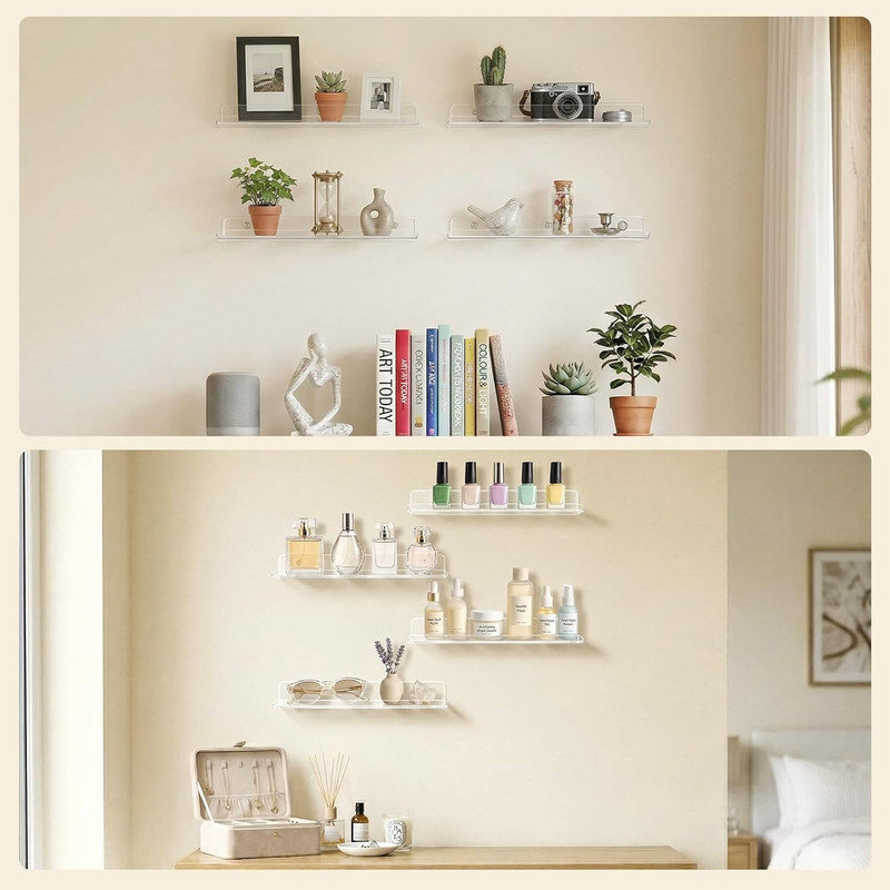 Ensemble de 4 tablettes murales transparentes en acrylique transparent, organisateur de salle de bain 14 "pour parfum, maquillage, vernis à ongles, livres, figurines, décoration intérieure