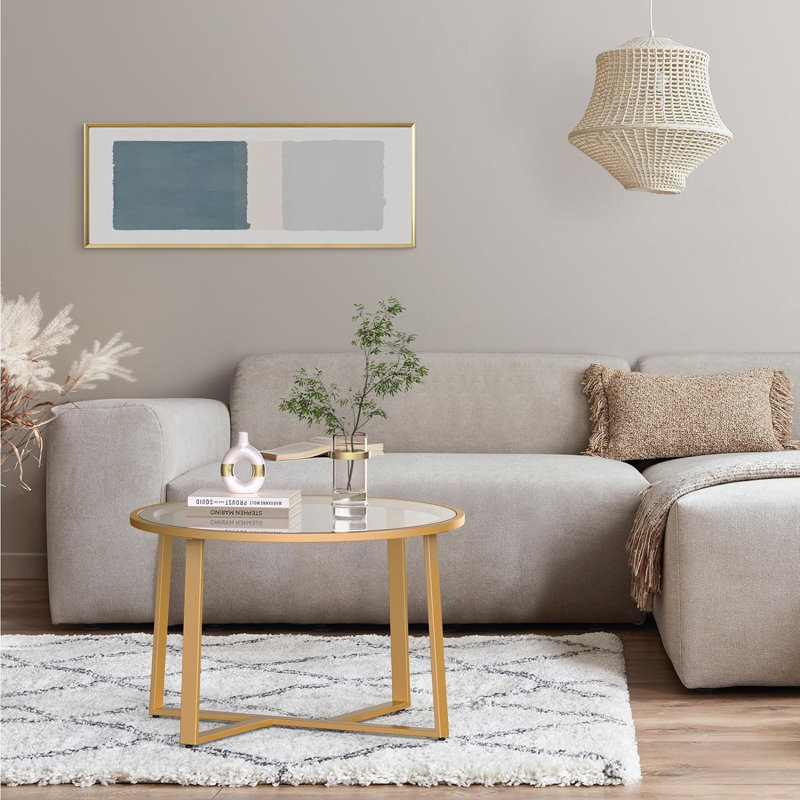 Evajoy Glass Top Coffee Table, 27.6" Alloy Steel Round Coffee Table, Gold