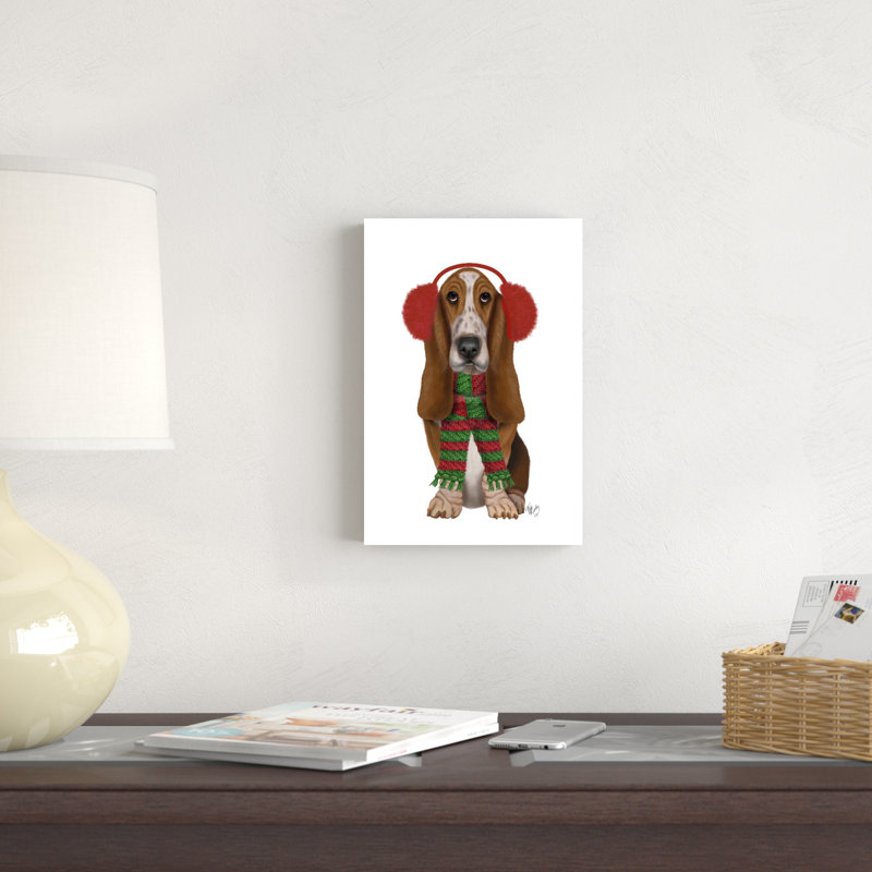 «Christmas Des - Basset hound and Ear Muff» par Fab Funky - impression sur toile tendue, H 12 po x l 8 po