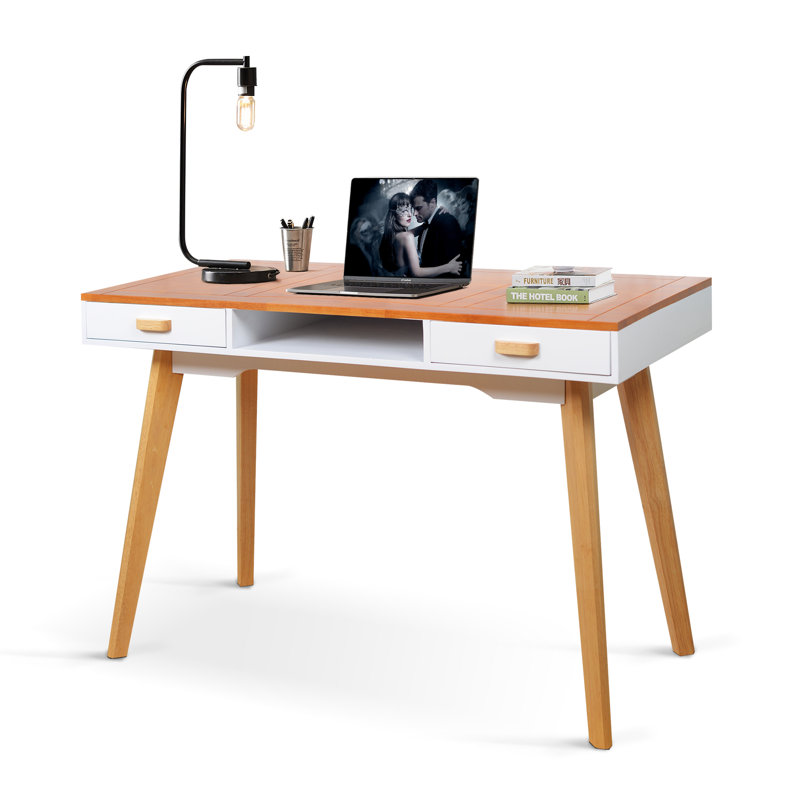 Elegant Modern Writing Desk With And Drawers - Natural Wood & White Finish
