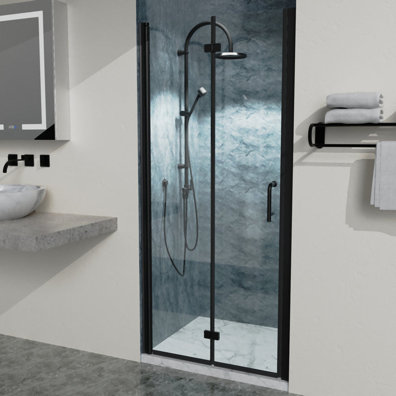 34.12 In. W X 70.8 H Bi Semi- Shower Doors In Matte Black, With Clear Glass Panels, Aluminium For Bathroom Refinement Black Glass, To 35-3/8 H, Joy