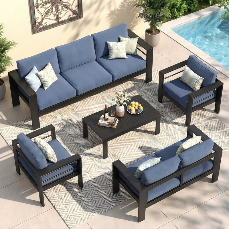 Ensemble de conversation pour patio pour 7 personnes avec coussins, Blue Cushion/Black Frame
