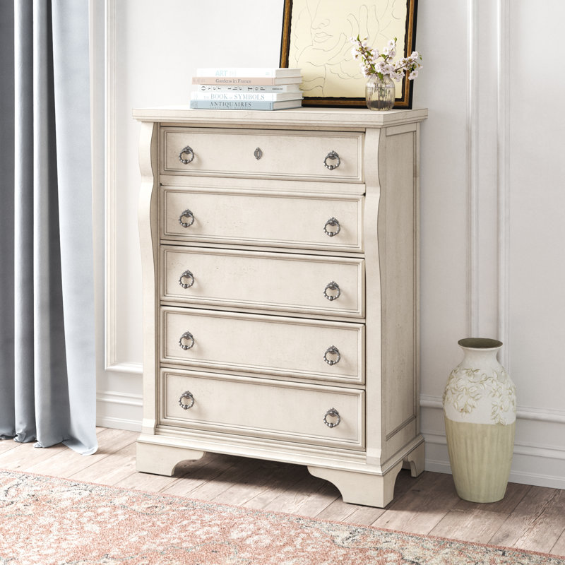 Dunham 40'' W 5 - Drawer Dresser, Antique White with Rub Through