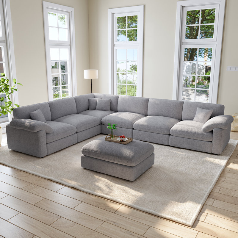 Modern 7 - Piece Corner Sectional Sofa Cloud Couch With Removable Ottomans, Light Gray Fabric
