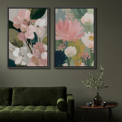 Soft Pink Floral Canvas Print Wall Art Set of 2 - Modern Botanical Decor for Bedroom or Living Room