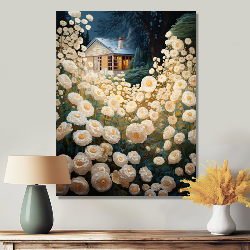 «White Blossoming Flowers Country House», art mural paysage, Toile tendue, H 32 po x l 16 po x P 1 po