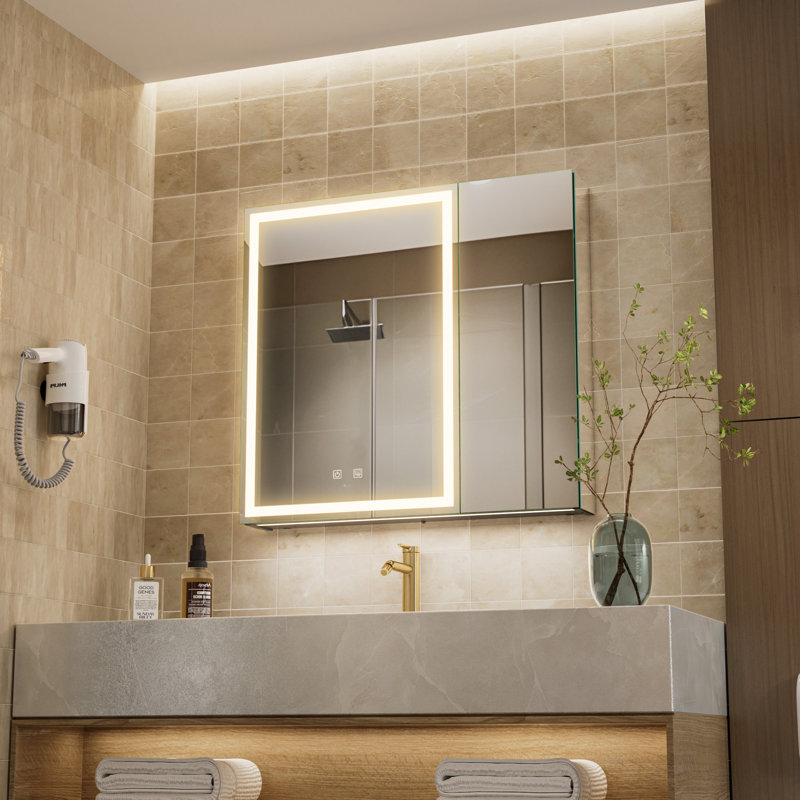 LED Bathroom Medicine Mirror Cabinet, Defog, Dimmable, 3-Color Mode, Outlets & USBs, 28" H x 30" W x 5" D, Double Door