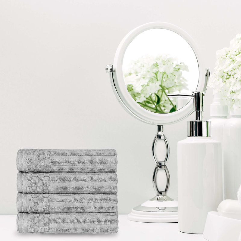 Kleiman Cotton Highly Absorbent Solid and Checkered Border Hand Towel Set, Silver