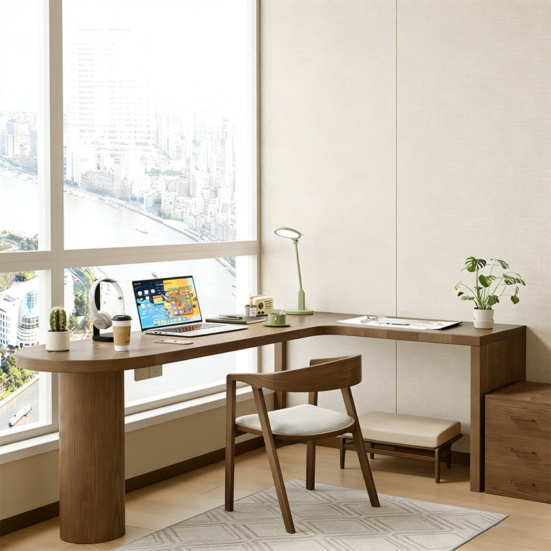Bureau d'écriture en L en noyer massif, Retour à droite, H 29,53 po x l 62,99 po x P 39,37 po