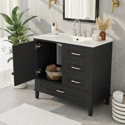 Meuble-lavabo moderne 36 po avec lavabo, structure en pin massif, 1 porte à fermeture douce et 3 tiroirs - Certifié EPA / UPC