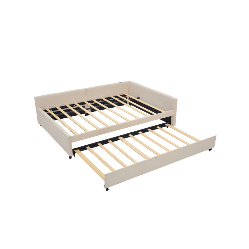 Lit de jour rembourré avec lit gigogne, structure de lit en bois robuste, conception de grille de diamant moderne, pour chambre à coucher, chambre d'amis (beige)