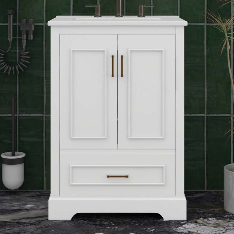 Meuble-lavabo de 24 po avec lavabo, meuble-lavabo autoportant avec tiroir divisé et 2 portes avec double tablette, meuble de rangement en bois avec lavabo en céramique
