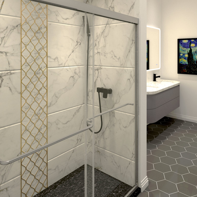 Porte de douche coulissante en chrome l 50 à 54 po x H 70 po, porte de douche en verre semi-sans cadre