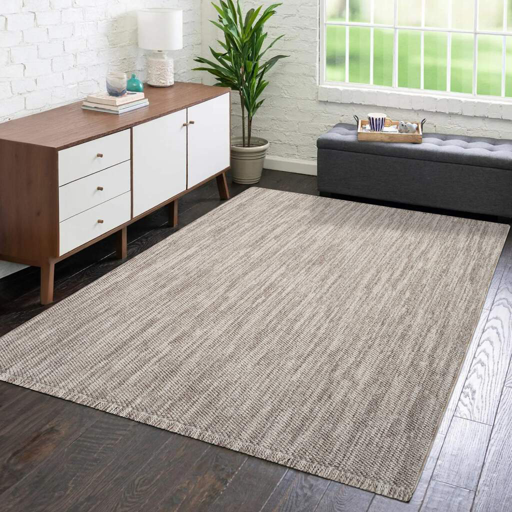 Teppich Lindo 8843 Kurzflor Fransen Taupe Einfarbig Meliert, Boho-Stil Wohnzimmer Nazeeh