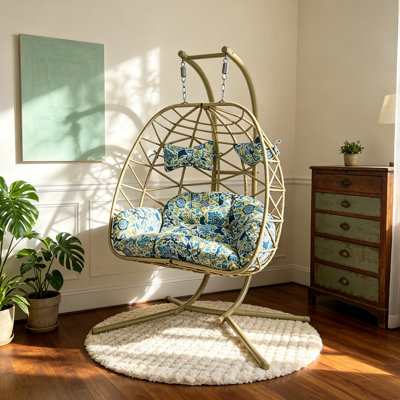 Fauteuil double suspendu pour 2 personnes, causeuse surdimensionnée en rotin en osier, capacité de 600 lb, chaise hamac à panier pliable avec coussin épais pour la chambre à coucher d'extérieur (Cyan + floral)