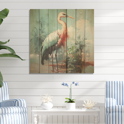 Pink And Green Flamingo Elegance III - Flamingo Animal On Wood Print
