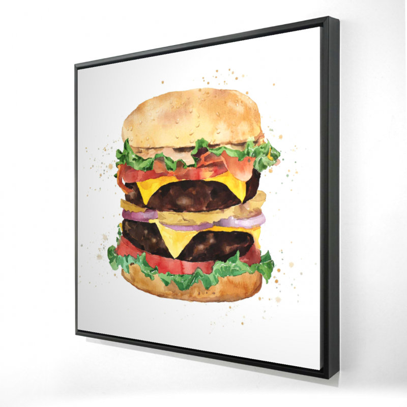 Watercolor Cheeseburger Canvas | Kitchen Decor Brown Frame