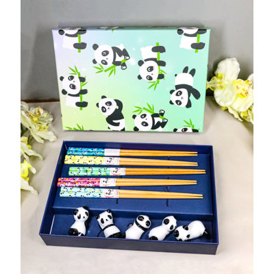 Ensemble de 5 paires de repose-baguettes en céramique en forme de pandas orientaux avec baguettes en bois