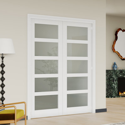 Interior Double Door Slab with Matching Frame – 5-Lite Frosted Glass Design White MDF Interior Pantry Door