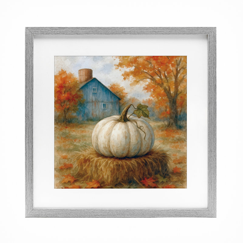 «Harvest Pumpkin on Hay Bale», reproduction encadrée sous verre, conception par Antony Smith, Cadre de ferme gris