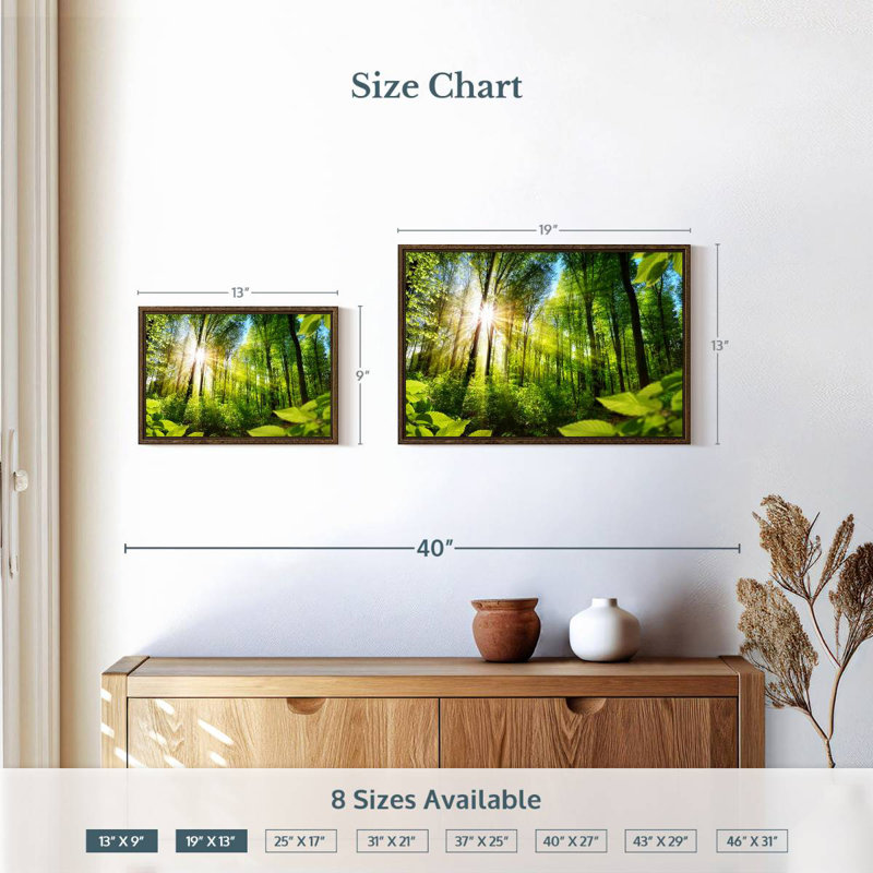 Forêt ensoleillée, 19 po x 13 po, Cadre flottant noyer