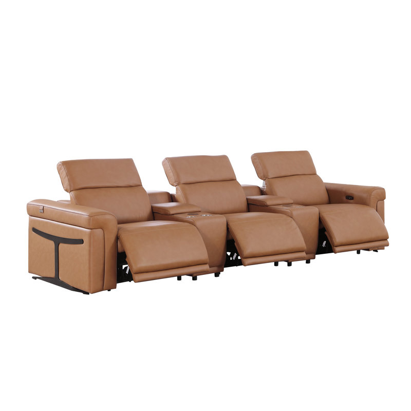 5-Piece 3-Power Reclining Italian Leather Sofa With Power Headrest, Cognac