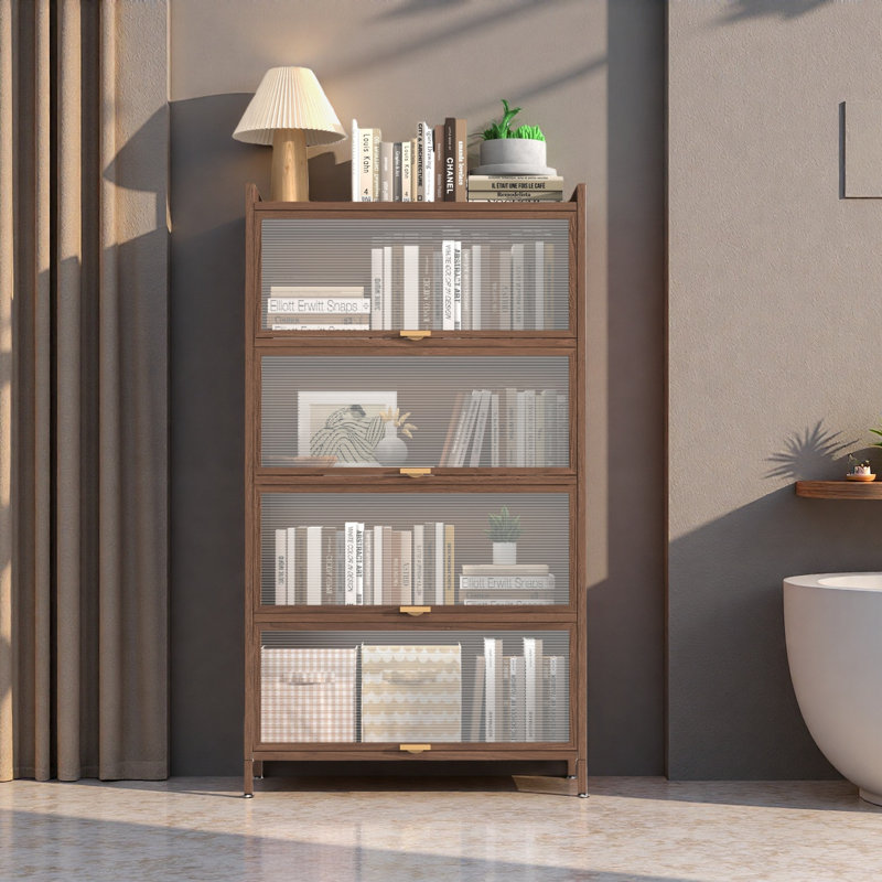 Armoire de 57 po en métal avec 4 portes rabattables - Unité de rangement à finition noyer pour le salon, le bureau, la chambre à coucher et le vestibule