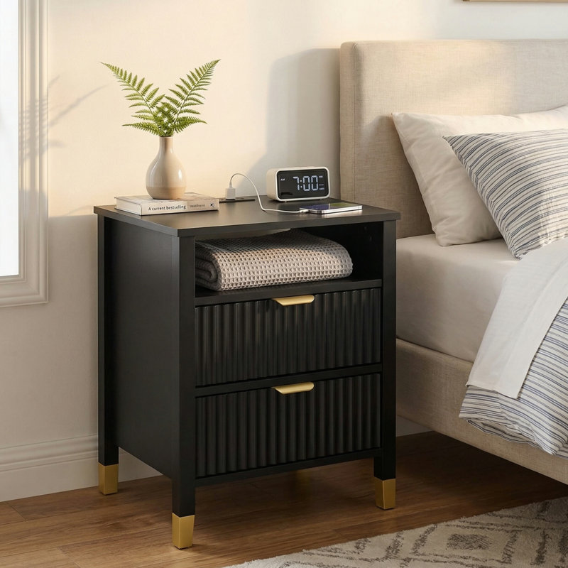 Drift Set Of 2 Drawer Nightstand With Charging Station, Bedside Table With Storage Drawers, Night Stand For Bedroom, End Table Or Side Table For Living Room, 15.5" D X 18.9" W X 24" H, Black/Gold