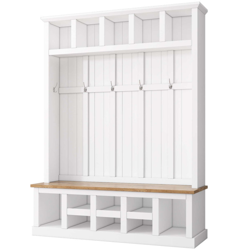 Farmhouse Wooden Style 78''H Hall Tree with Wide Storage Seating Bench, Entryway Shoe Cabinet with 13 Compartments, Elegant Coat Rack with 6 Hooks for Mudroom