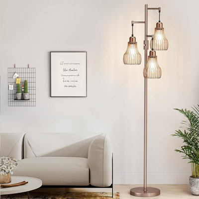 Dimmable Floor Lamps, Industrial Tree Standing Tall Lamps With 3 Elegant Cage Shade & 800 Lumens Led Bulbs