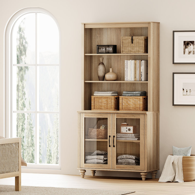 Scarlett Bookcase With Doors, Tiered Bookshelf, Tall Book Case Shelf With Glass Paneled Doors, Oak