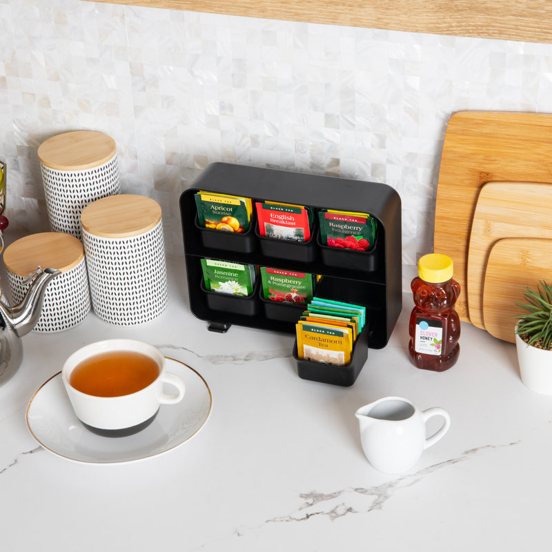 Black Plastic 6-Drawer Tea Bag Organizer for Countertop Storage