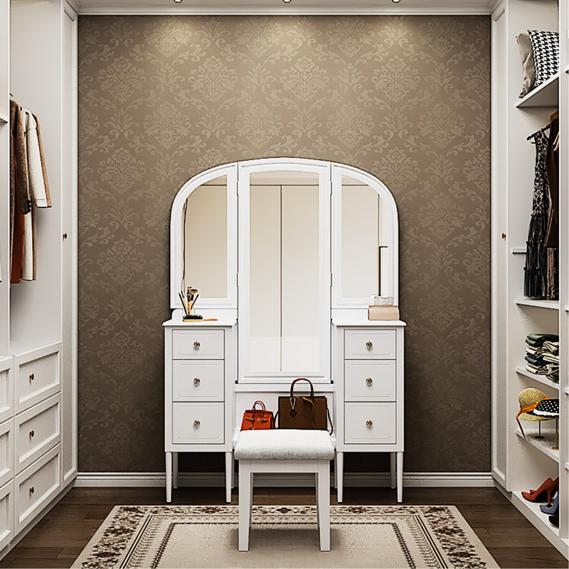 Meuble-lavabo blanc antique avec miroir triple, solution de rangement à 6 tiroirs, siège moelleux et miroir pleine grandeur pour arrangement de coiffeuse de chambre à coucher, décor confortable