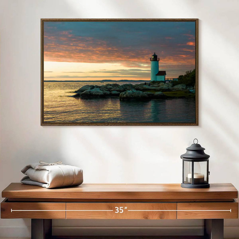 Coucher de soleil sur le phare d'Annisquam, 25 po x 17 po, Cadre flottant en noyer