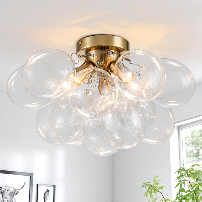 Ahona 3 - Light Dimmable Semi Flush Mount With 13 Clear Glass Bubble Ball, Gold